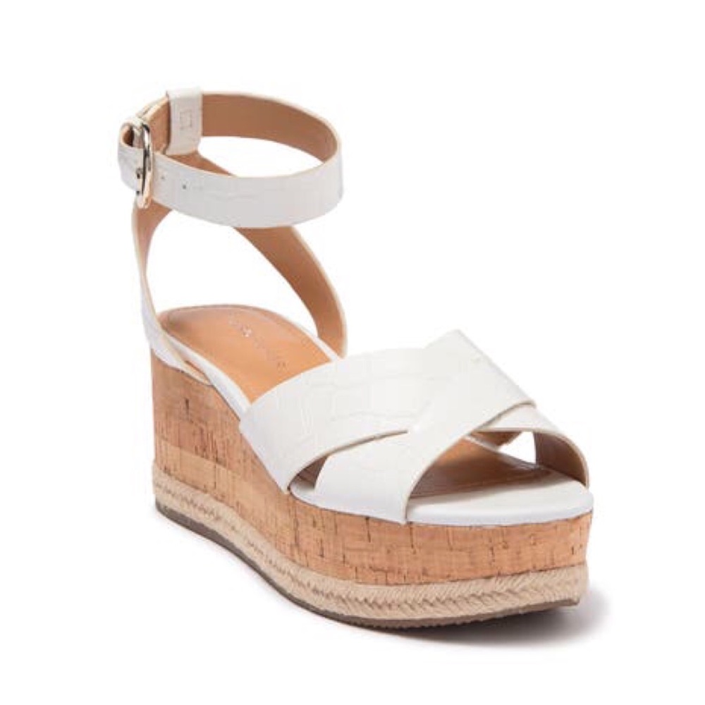 Marc Fisher White Leather Cork Wedge Espadrille Sandals